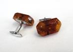 Vintage zilveren 875 manchetknopen met amber van de 70 jaren, Ophalen of Verzenden, Zilver