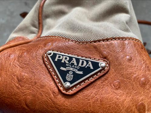 Vintage Prada damestas handtas, canvas met struisvogelpoot, Sieraden, Tassen en Uiterlijk, Tassen | Damestassen, Gebruikt, Handtas