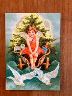 Vintage glitter kaart met Engel en Duiven. Merry Christmas, Ophalen of Verzenden, Nieuw