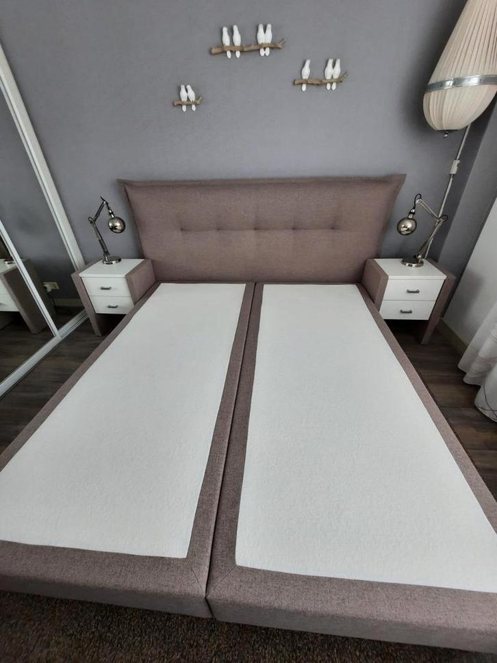 Boxspring ledikant met achterboord en kastjes, Huis en Inrichting, Slaapkamer | Bedden, Gebruikt, Tweepersoons, 180 cm, 200 cm