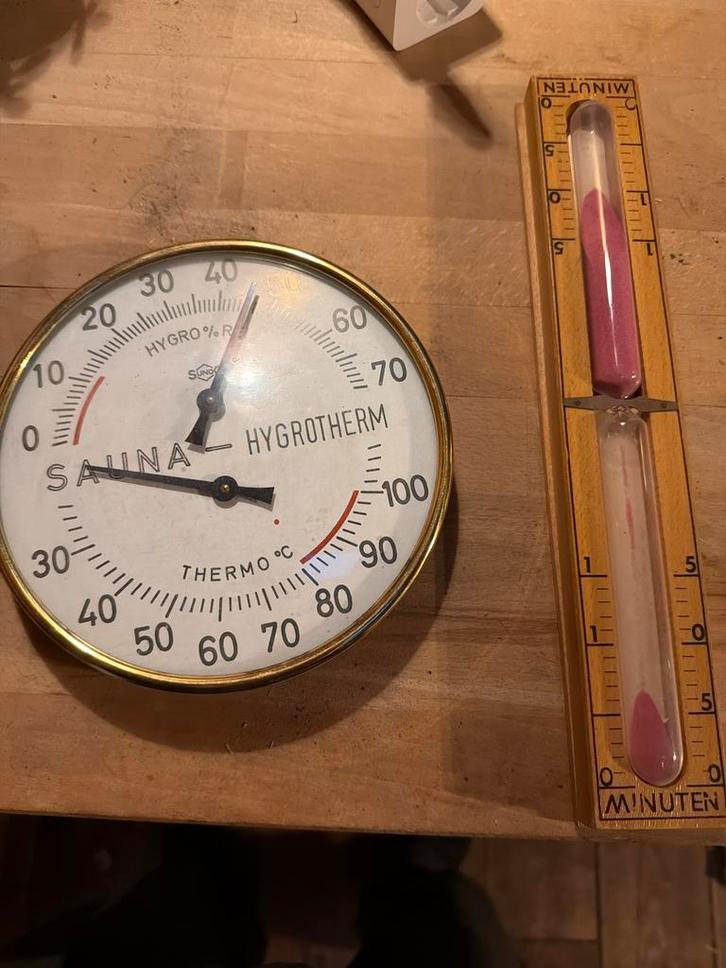 Sauna Thermo Hygrometer + Zandloper 15 Min, Sport en Fitness, Sauna, Gebruikt, Toebehoren, Fins of Traditioneel, Ophalen of Verzenden