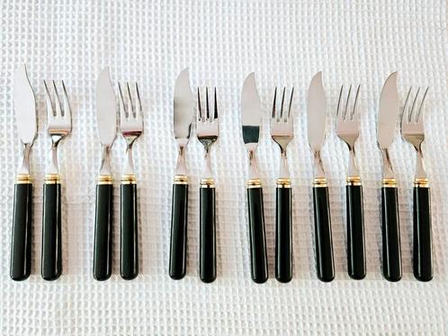 6 persoons visbestek zwart, goud inox, Huis en Inrichting, Keuken | Bestek, Zo goed als nieuw, Rvs of Chroom, Ophalen of Verzenden