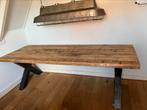Robuuste Eikenhouten tafel met ijzeren onderstel, 200 cm of meer, 50 tot 100 cm, Rechthoekig, Zo goed als nieuw