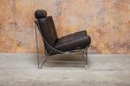 Als NIEUW! bruine leren Leolux Volare designfauteuil + poef, Leolux, Leolux, Design, 75 tot 100 cm