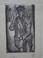 Houtsnede boer met stok en rijke heren, monogram BO of BJ, Antiek en Kunst, Kunst | Etsen en Gravures, Verzenden