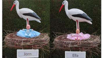 Geboortebord ooievaar met baby pop op nest en blauwe of roze beschikbaar voor biedingen