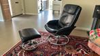 Vintage IKEA MALUNG fauteuil met voetenbank – zwart skai, Ophalen, Vintage IKEA modern-retro, Zo goed als nieuw, 50 tot 75 cm