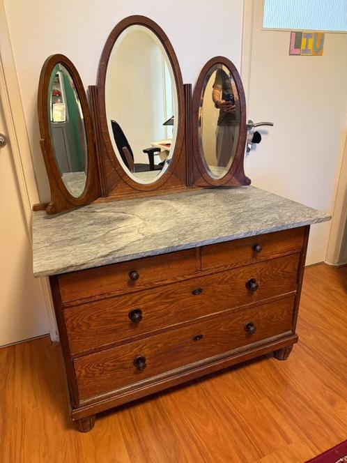 Vintage dressoir hout met spiegels en marmer blad, Huis en Inrichting, Kasten | Dressoirs, Gebruikt, 150 tot 200 cm, 50 tot 75 cm