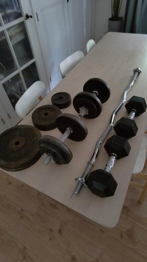 Dumbells met Curl Stang - Complete Set, Sport en Fitness, Fitnessapparatuur, Gebruikt, Overige typen, Armen, Borst, Rug, Metaal