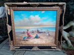 Kapitaal Olieverf/Doek/Sierlijst Schilderij "Op het Strand", Ophalen of Verzenden