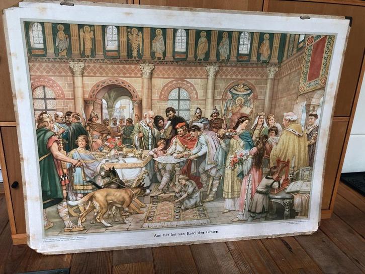 schoolplaat "Aan het hof van Karel de Grote", Antiek en Kunst, Antiek | Schoolplaten, Geschiedenis, Ophalen