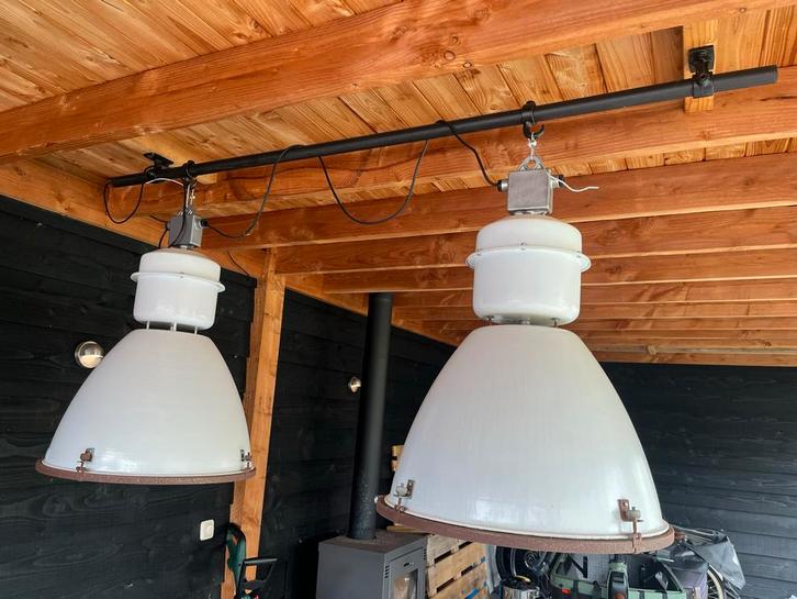 Industriële Hanglampen (2x) met Steigerbuis, Huis en Inrichting, Lampen | Hanglampen, Gebruikt, 50 tot 75 cm, Metaal, Ophalen