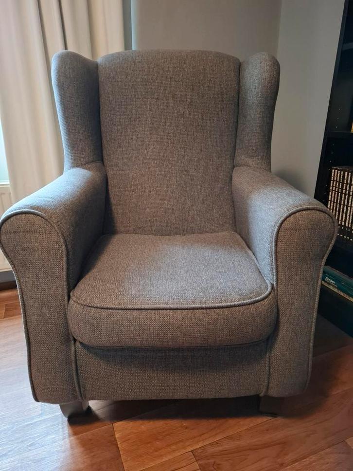 Fauteuil, kleur grijs / bruin stof, Huis en Inrichting, Fauteuils, Zo goed als nieuw, Stof, 75 tot 100 cm, Minder dan 75 cm, Ophalen