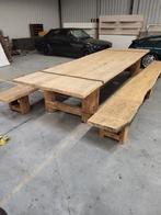 Kastanje houten Spaanse tafel met banken 4.45m lang, Gebruikt, Rechthoekig, Ophalen of Verzenden, Hout