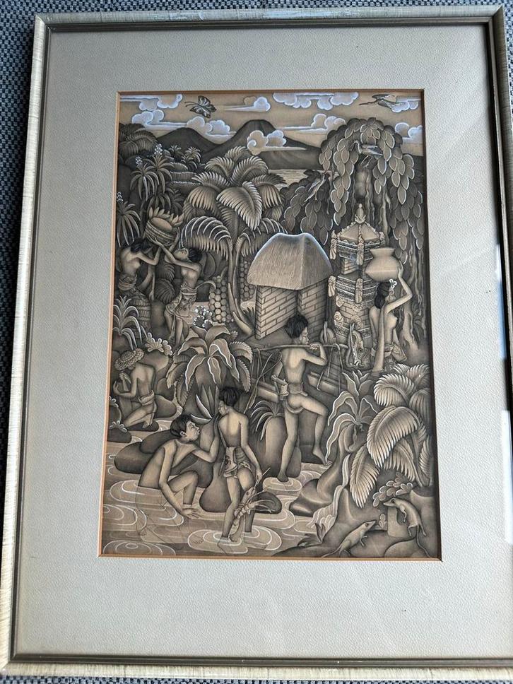 Origineel Balinees schilderij Batuan-stijl handgeschilderd, Antiek en Kunst, Antiek | Overige Antiek, Ophalen of Verzenden