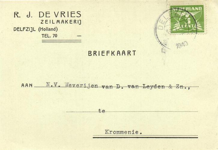 R.J. de Vries, Zeilmakerij, Delfzijl - 01.1940 - briefkaart, Postzegels en Munten, Brieven en Enveloppen | Nederland, Briefkaart