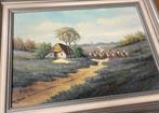 Schilderij met landschap en schapen gesigneerd, Antiek en Kunst, Ophalen of Verzenden