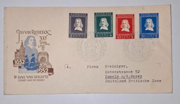 Jan van Riebeeck 1952 FDC nr. 7, Postzegels en Munten, Postzegels | Eerstedagenveloppen, Beschreven, Nederland, Ophalen of Verzenden