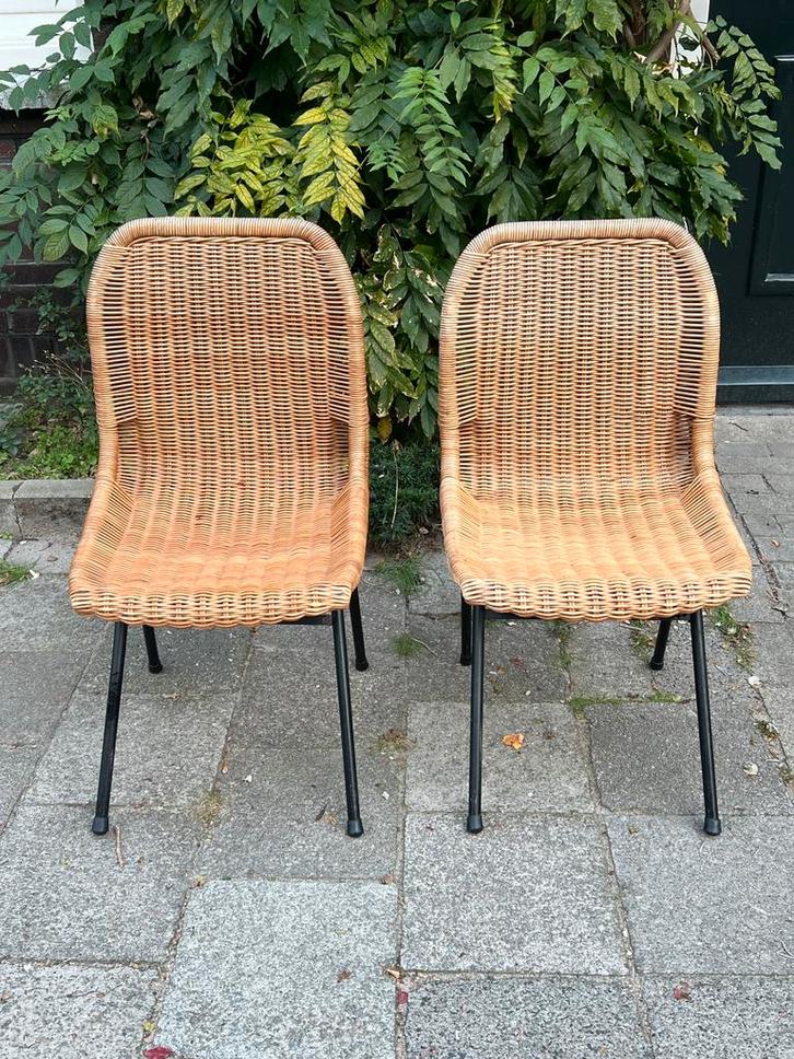 Vintage Rohé Noordwolde stoeltjes rotan 1960 set/2, Huis en Inrichting, Stoelen, Gebruikt, Twee, Metaal, Riet of Rotan, Bruin