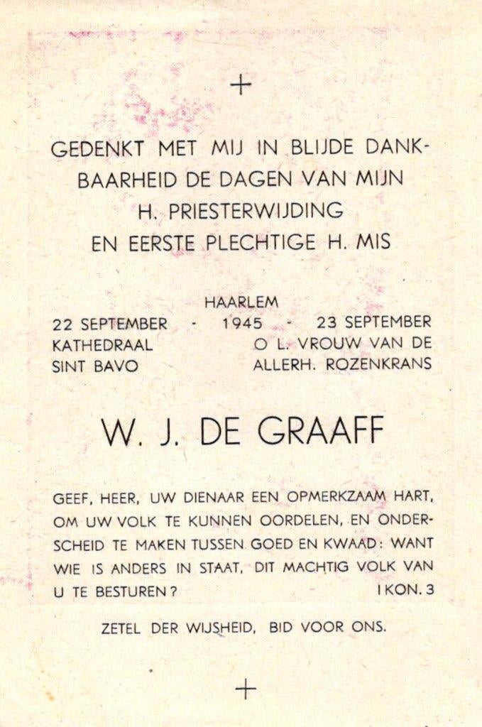 Graaff de W.J. Haarlem 1945, Verzamelen, Bidprentjes en Rouwkaarten, Ophalen of Verzenden