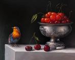Schilderij Alfonso Moreno roodborstje en kersen op paneel., Ophalen of Verzenden
