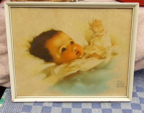 oude prent in fotolijst/ oude babyprent/ prenttekening, Verzamelen, Foto's en Prenten, Gebruikt, Prent, Kind, 1940 tot 1960, Ophalen of Verzenden