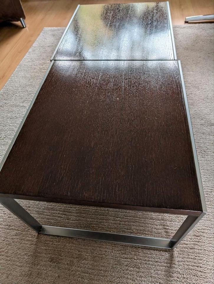 Salontafels 2x donker eikenblad, aluminium onderstel, Huis en Inrichting, Tafels | Bijzettafels, Gebruikt, Rechthoekig, 45 tot 60 cm