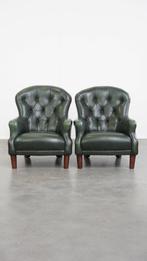 Charmante set van 2 groene rundleren chesterfield fauteuils, Huis en Inrichting, Fauteuils, Ophalen, Gebruikt, ., 75 tot 100 cm