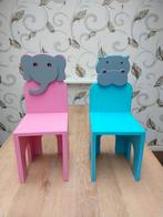 Houten kinderstoeltjes, roze olifant & blauwe nijlpaard, Ophalen of Verzenden, Gebruikt, Stoel(en)