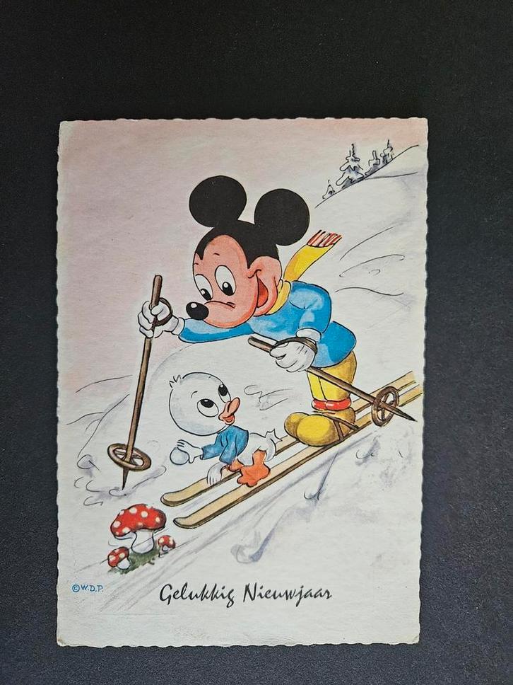 Oude Disney Kerstkaart - Mickey Mouse Skiën, Verzamelen, Ansichtkaarten | Buitenland, Gelopen, 1940 tot 1960, Verzenden