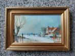 Hollands winter landschap schaatsers schilderij- J. Van Woer, Ophalen of Verzenden