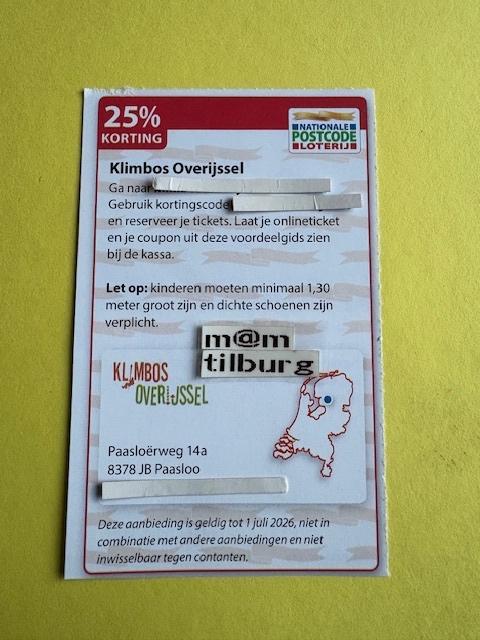 Klimbos Overijssel 25% korting, Tickets en Kaartjes, Kortingen en Cadeaubonnen, Drie personen of meer, Overige typen, Kortingsbon