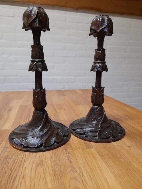 Te koop: Antieke handgesneden houten kandelaars, Antiek en Kunst, Antiek | Kandelaars, Overige materialen, Ophalen of Verzenden