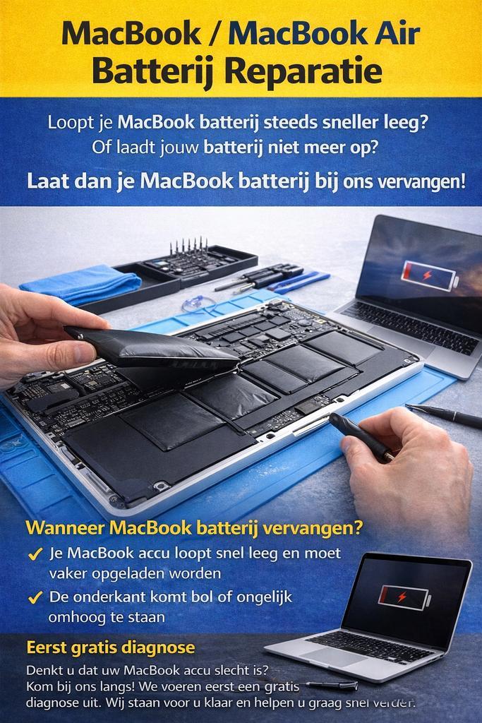 MacBook / MacBook Air batterij reparatie, Computers en Software, Apple Macbooks, Zo goed als nieuw, Ophalen of Verzenden