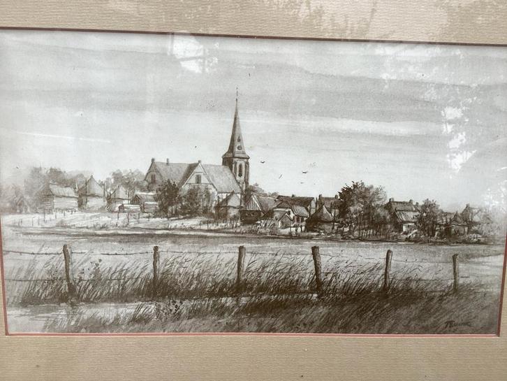 Pentekening Dorpsgezicht met Kerk - Gesigneerd door T.Evink, Antiek en Kunst, Kunst | Tekeningen en Foto's, Ophalen