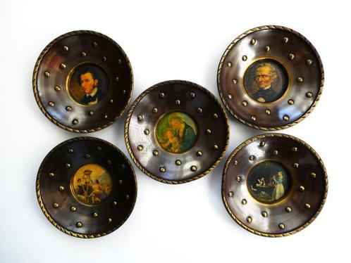 5 Koperen wandborden met diverse schilderij afbeeldingen, Antiek en Kunst, Curiosa en Brocante, Ophalen of Verzenden