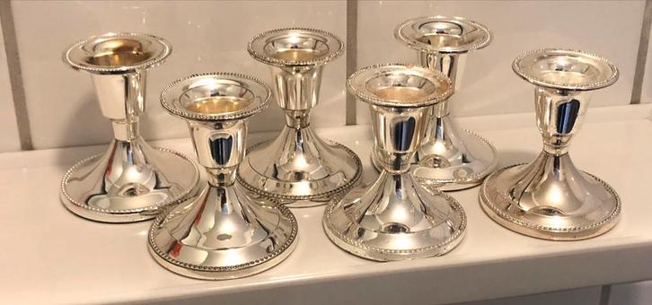 Keltum verzilverde kandelaars mod Parelrand- Set van 6, Antiek en Kunst, Antiek | Kandelaars, Zilver, Ophalen of Verzenden
