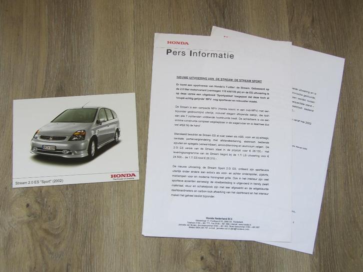Honda Stream Pers Informatie 2001 - 2002, Boeken, Auto's | Folders en Tijdschriften, Zo goed als nieuw, Honda, Ophalen of Verzenden
