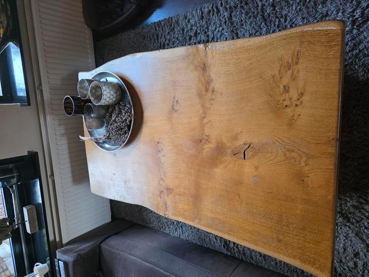 Op maat gemaakte salon tafel, massief hout, uniek onderstel, Huis en Inrichting, Tafels | Salontafels, Zo goed als nieuw, Minder dan 50 cm