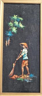 Schilderij jaren 70 met fluweel achtergrond, Antiek en Kunst, Kunst | Schilderijen | Klassiek, Ophalen of Verzenden