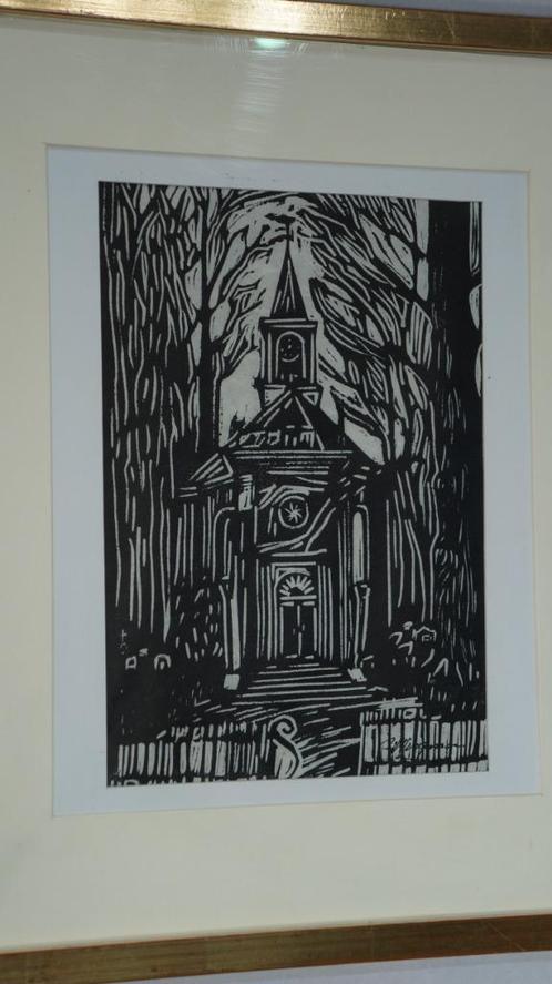 Piet Wiegman – De Kerk - Linosnede / zeefdruk, Antiek en Kunst, Kunst | Schilderijen | Klassiek, Ophalen of Verzenden