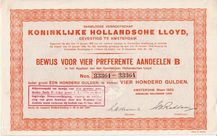 Vier Pref.Aandeelen B Kon. Hollandsche Lloyd, Amsterdam 1925, Verzamelen, Scheepvaart, Gebruikt, Kaart, Foto of Prent, Motorboot