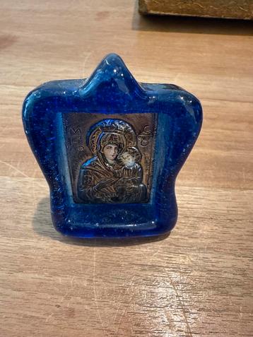 Antiek Icoon Maria & Kind - 925 Zilver & Blauw Glas beschikbaar voor biedingen