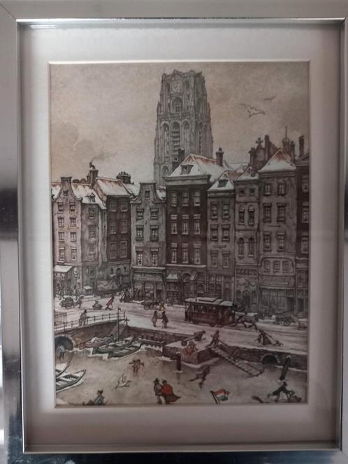 Anton Pieck prent Oud Rotterdam met schaatsvijver en kerk, Antiek en Kunst, Kunst | Tekeningen en Foto's, Ophalen of Verzenden