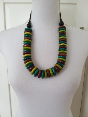 Vintage bruin groene houten kralen schijfjes ketting beschikbaar voor biedingen
