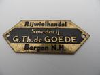 Oldtimerrijwiel G.Th de Goede Bergen N.H. spatbordplaatje, Verzamelen, Verzenden, Gebruikt, Gebruiksvoorwerp