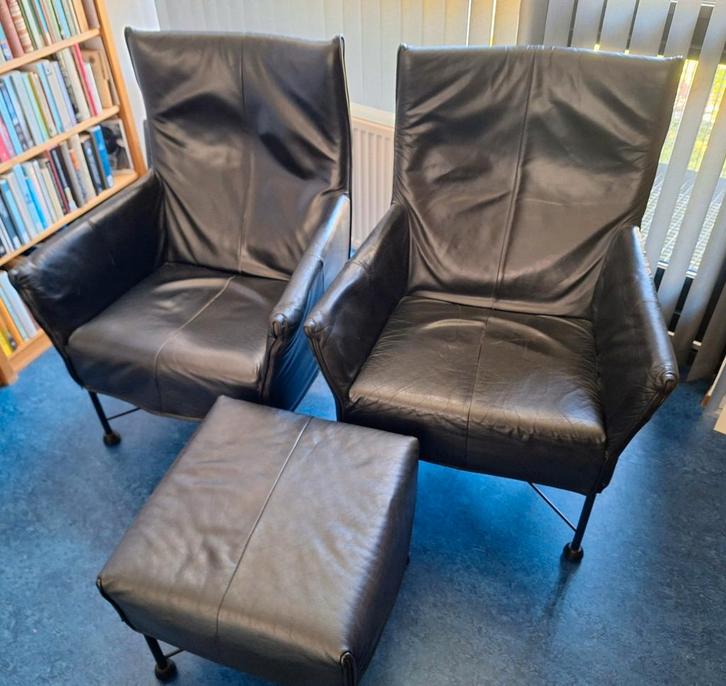 Montis Charly Fauteuils + hocker, Huis en Inrichting, Fauteuils, Gebruikt, Leer, Metaal, 75 tot 100 cm, 75 tot 100 cm, Ophalen