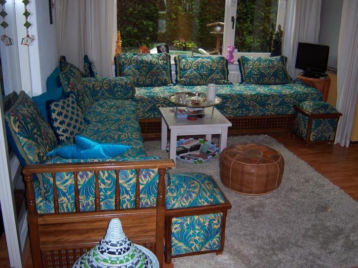 Authentieke Marokkaanse sedari turqoise goud, Huis en Inrichting, Banken | Complete zithoeken, Gebruikt, Hout, Stof, Ophalen