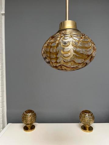 Set vintage Doria lampen amber glas 1x hang 2x tafel beschikbaar voor biedingen