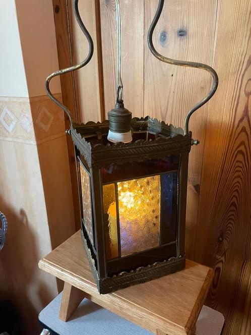 Antieke glas in lood hanglamp, Huis en Inrichting, Lampen | Hanglampen, Minder dan 50 cm, Glas, Verzenden